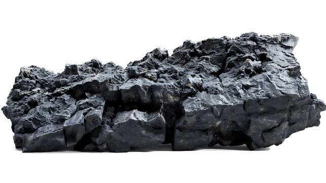 Dark volcanic rock with porous texture and jagged edges, isolated on a white background