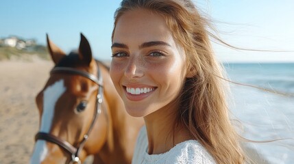Obraz premium Woman smiles with horse on beach