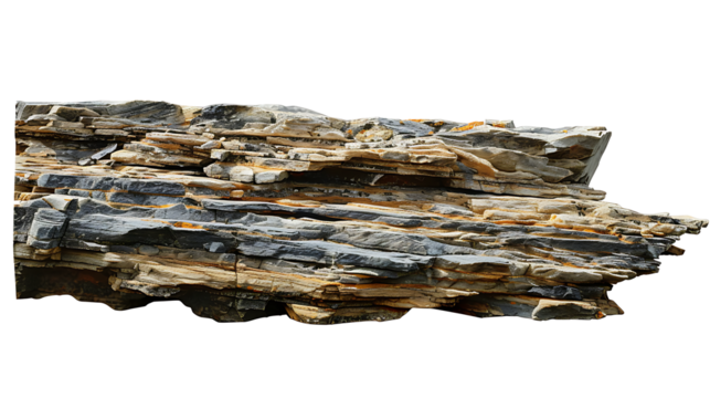 Flat sedimentary rock with layered striations, isolated on a white background