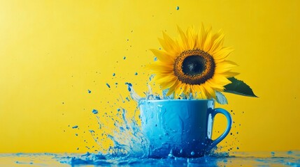 A striking image of a sunflower in a blue mug with vibrant splashes of water against a bright yellow backdrop, perfect for modern artistic or commercial use.. AI Generation
