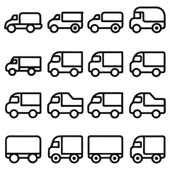 Fototapeta premium Set of transport icons including trucks, cars, vans, buses, and other vehicles in vector style