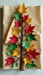 Brown paper wrapped tree with colorful festive leaf ornaments, Christmas, rustic, festive