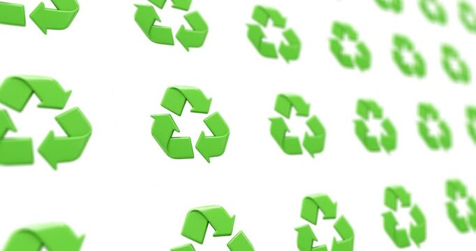 Animated pattern design with horizontal movement of a green recycling icon in 3D rendering style