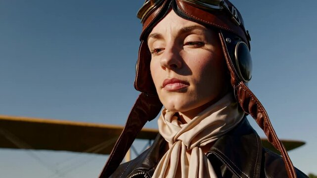 Aviator contemplation: vintage pilot reflecting by biplane in golden hour. 4k stock footage