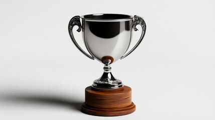 Ornate silver trophy cup with wood base symbolizing victory concept
