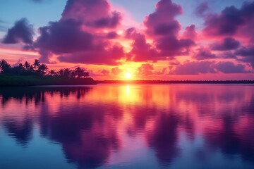 Obraz premium Tropical sunset, ocean reflection, palm trees, calm water, travel poster