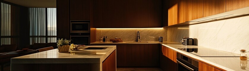 Modern kitchen interior with wood cabinets and marble countertops illuminated