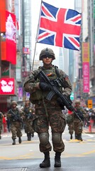 A soldier proudly holding a flag in an urban environment