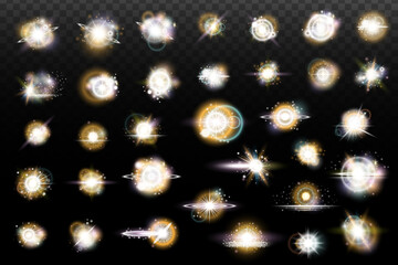 Set of flash light effect with glare and glow on a transparent background. Magic, rainbow glow, shining light, stars, optical flares for design, photomontage, New Year and holiday projects.