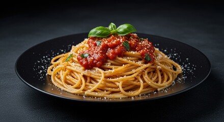 Fototapeta premium Delicious spaghetti pasta topped with rich marinara sauce, sprinkled with grated cheese, and garnished with fresh basil leaves. Perfect for Italian cuisine lovers and food presentation ideas.