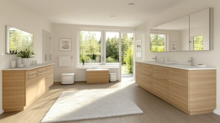 Modern and spacious bathroom featuring ample natural light and a forest view