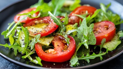 A healthy colorful salad composed of fresh tomatoes and leafy greens