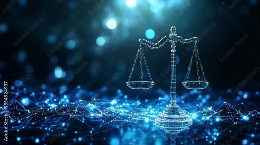 Aufkleber abstract digital scales of justice on a network background.