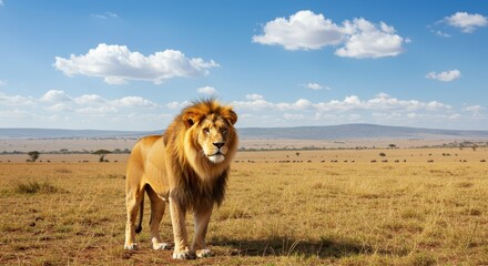 Fototapeta premium A majestic male lion stands proud in the golden savannah, showcasing its impressive mane against a backdrop of blue skies and fluffy clouds, perfect for wildlife lovers.