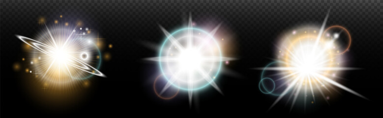 Set of flash light effect with glare and glow on a transparent background. Magic, rainbow glow, shining light, stars, optical flares for design, photomontage, New Year and holiday projects.