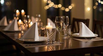 This elegantly set dining table features folded white napkins, sparkling glassware, and warm candlelight, perfect for a romantic dinner or special occasion.