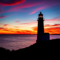 Majestic Marshall Point Lighthouse silhouetted against a vibrant sunset sky, exterior, rocks