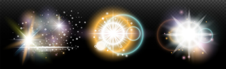 Set of flash light effect with glare and glow on a transparent background. Magic, rainbow glow, shining light, stars, optical flares for design, photomontage, New Year and holiday projects.