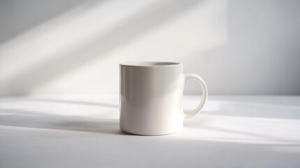 Fototapeta premium A simple white mug sits on a white illuminated surface