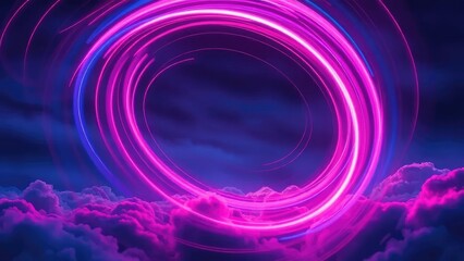 Swirling neon lights dance across a midnight sky, swirling clouds, twilight glow