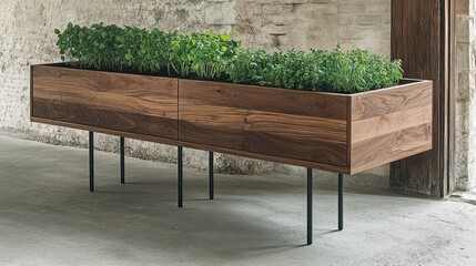 A wooden planter box filled with lush green plants indoors