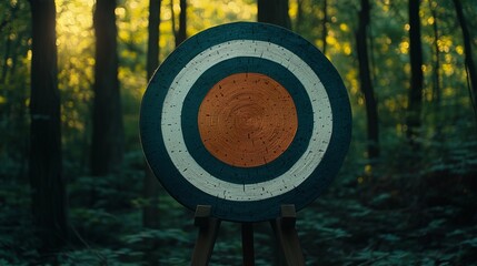 Archery target in a forest setting with vibrant colors  