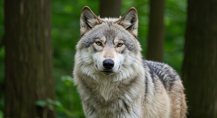 A striking wolf with piercing yellow eyes stands attentively in a lush green forest, showcasing the beauty of wildlife and the importance of nature conservation.
