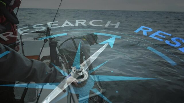 People fishing on boat with research compass animation overlaying scene