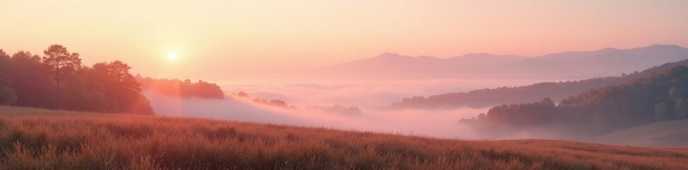 Fototapeta premium Soft peach mist rises over a serene landscape, nature, vast space