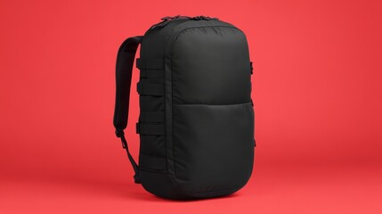Naklejka premium A black backpack is placed in front of a red backdrop