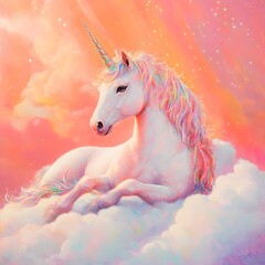 Tranquil pastel rainbow unicorn resting on a cloud in the sky