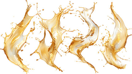 Set of dynamic oil splashes in golden hues, captured in motion, isolated on a white background