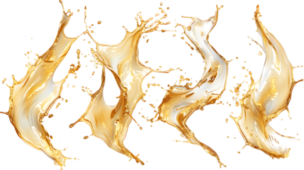 Set of dynamic oil splashes in golden hues, captured in motion, isolated on a white background