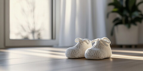 The first knitted blue boots for the infant. A pair of cozy socks for a baby
