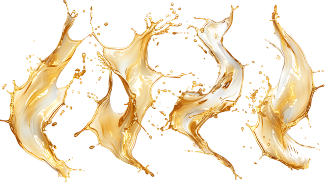 Set of dynamic oil splashes in golden hues, captured in motion, isolated on a white background
