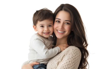 Portrait of a happy beautiful woman with long brown hair wearing a beige top and jeans holding her son in her arms and smiling at the camera The image is isolated on a Transparent background PNG