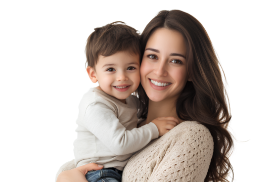 Portrait of a happy beautiful woman with long brown hair wearing a beige top and jeans holding her son in her arms and smiling at the camera The image is isolated on a Transparent background PNG - Powered by Adobe