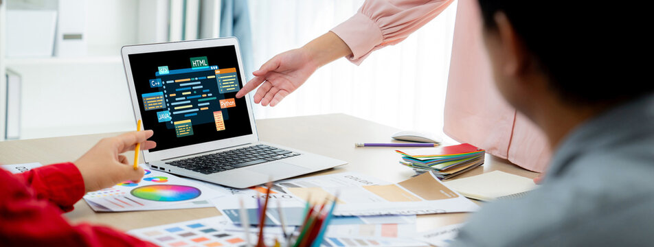 Software development or programming work with coding screen of various programming languages like HTML, Python, Java, and C brisk for new application development