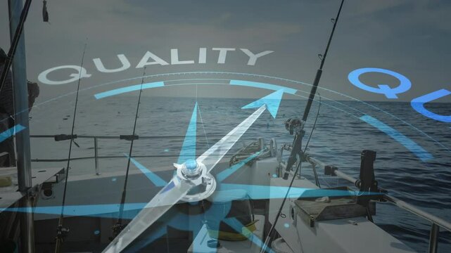 Animation of compass with QUALITY text over fishing boat in open sea