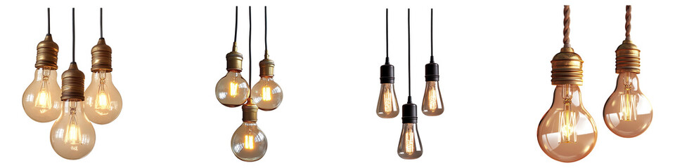 Obraz premium Set of hanging light bulbs cut pit. Vintage light bulbs hanging isolated on transparent background