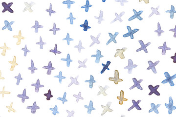 Abstract watercolor pattern with blue and yellow cross marks in a whimsical arrangement.