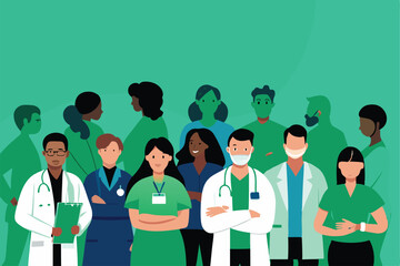 Diverse healthcare team—doctors, nurses, and therapists—collaborating on a patient's treatment plan, showcasing teamwork and inclusivity.
