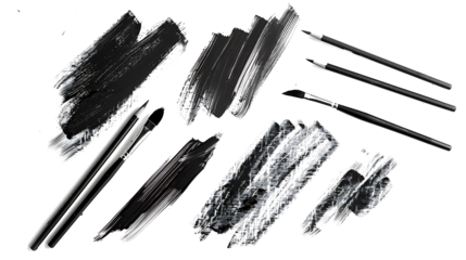 Collection of charcoal sticks and expressive black-and-white sketches, capturing artistic shading, isolated on a white background