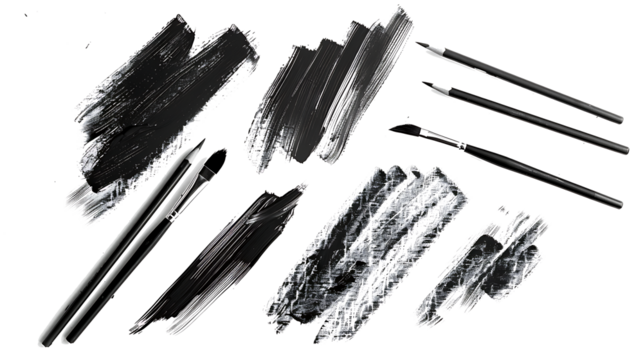 Collection of charcoal sticks and expressive black-and-white sketches, capturing artistic shading, isolated on a white background