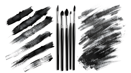 Collection of charcoal sticks and expressive black-and-white sketches, capturing artistic shading, isolated on a white background