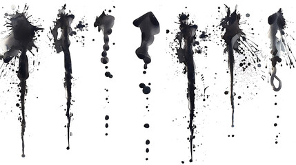 Assorted ink splashes and calligraphy brushes, featuring elegant strokes, isolated on a white background