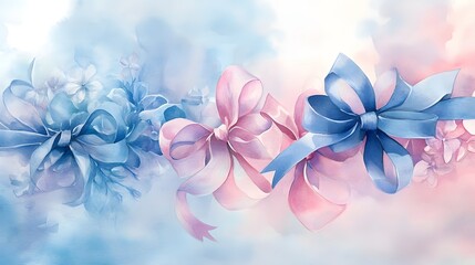 Vibrant watercolor painting of soft, billowing pastel ribbons and blooming botanical accents