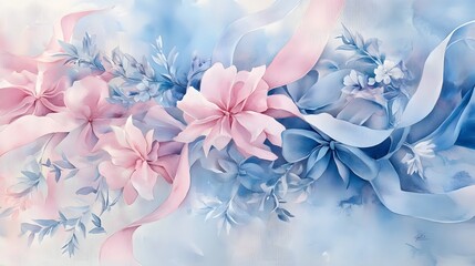 Vibrant watercolor painting of soft, billowing pastel ribbons and delicate floral accents