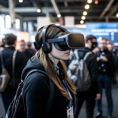 Woman exploring virtual reality technology at tech expo