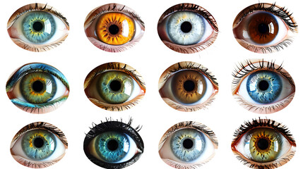 Assorted human eyes, featuring different iris colors and detailed reflections, isolated on a white background